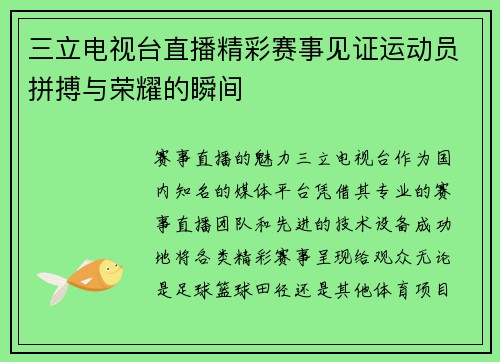 三立电视台直播精彩赛事见证运动员拼搏与荣耀的瞬间